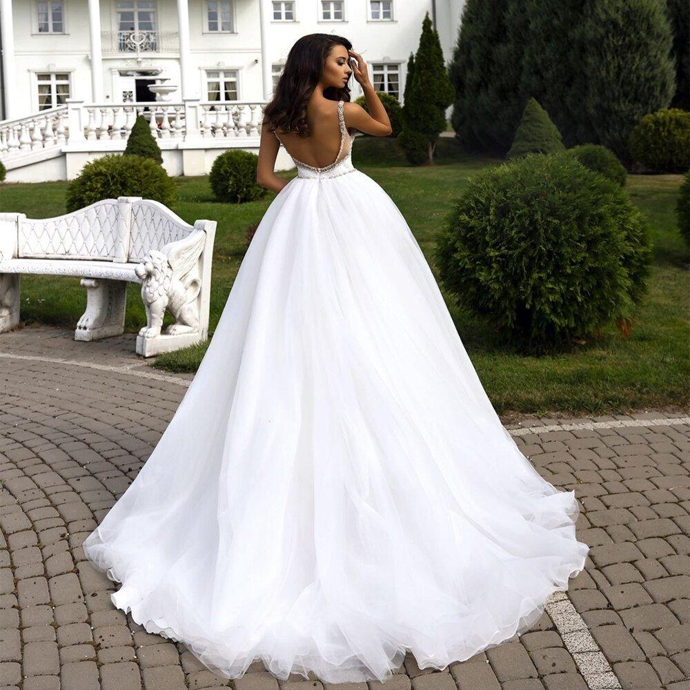 NumberSea - NumberSea Ball Gown Wedding Dress Sexy Beading Spaghetti Straps V Neck Ruched Backless Wedding Dresses Vestido De Novia