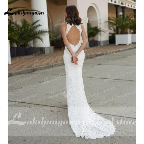 NumberSea - NumberSea Beach Sleeveless V Neck Lace Satin Backless Wedding Dresses