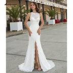 NumberSea - NumberSea Beach Sleeveless V Neck Lace Satin Backless Wedding Dresses