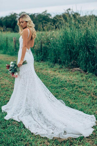 NumberSea - NumberSea Beautiful Lace Sheath V Neck Wedding Dress, Bridal Dress With Train, MW528