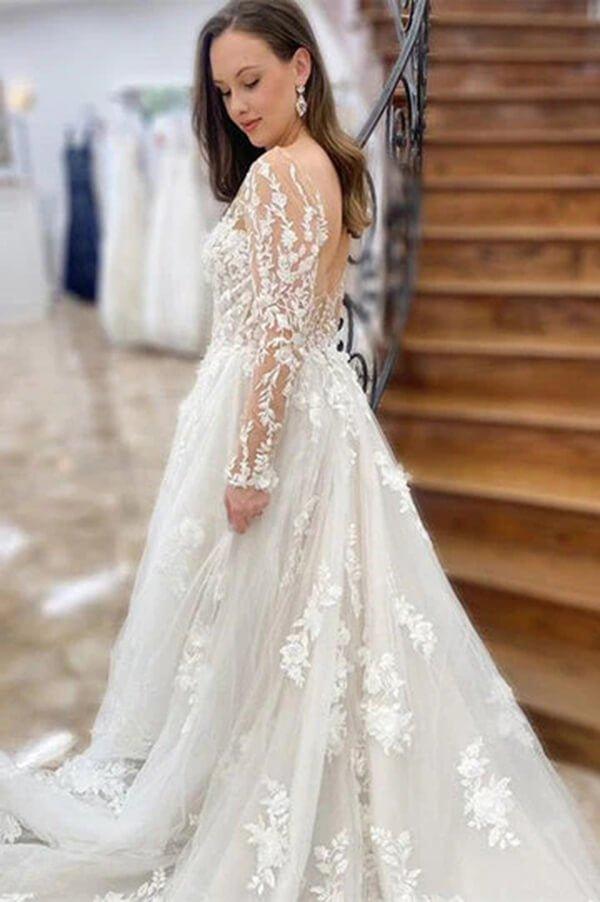 NumberSea - NumberSea Beautiful Tulle A - line Long Sleeves Wedding Dresses With Lace Appliques, MW823