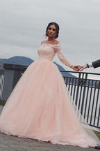NumberSea - NumberSea Blush Pink A - line Off Shoulder Long Sleeves Wedding Dress, Bridal Gown, MW959