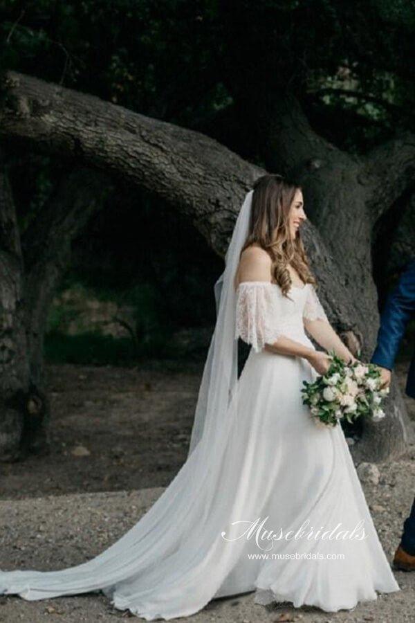 NumberSea - NumberSea Bohemian Chiffon Lace Off - the - Shoulder A - line Beach Wedding Dresses, MW647