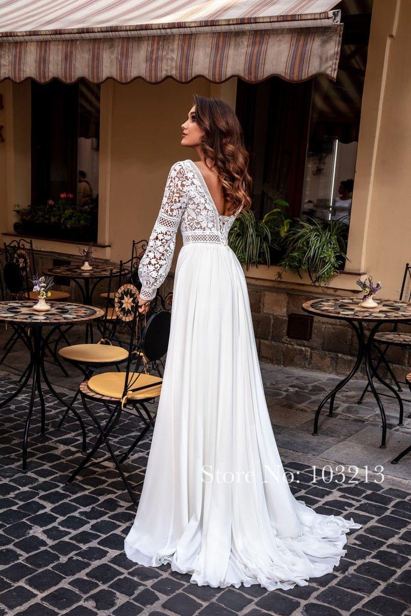 NumberSea - NumberSea Bohemian Lace Long Sleeve Wedding Dresses Chiffon Sweep Train Vintage Scoop Neck Bridal Gowns Pearls Beach Bridal Gown