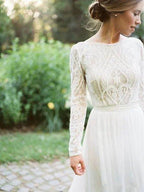 NumberSea - NumberSea Bohemian Wedding Dresses With Long Sleeves Bateau Lace Top Chiffon Boho Bridal Gown vestido de noiva robe de mariee