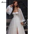 NumberSea - NumberSea Boho A - Line Tulle Wedding Dresses Side Split With Detachable Puff Sleeves Sweetheart Neck Sweep/Brush Train Beach Bride Gowns