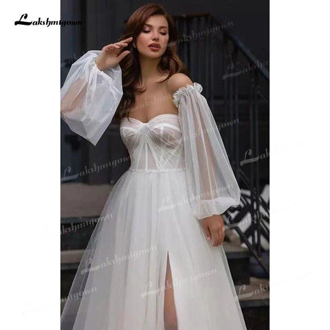 NumberSea - NumberSea Boho A - Line Tulle Wedding Dresses Side Split With Detachable Puff Sleeves Sweetheart Neck Sweep/Brush Train Beach Bride Gowns