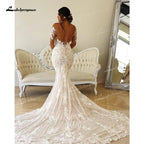 NumberSea - NumberSea Boho Illusion Bodice Lace Mermaid Wedding Dress Long Sleeve Sheer Neck Appliques Bridal Gown vestidos de novia robe