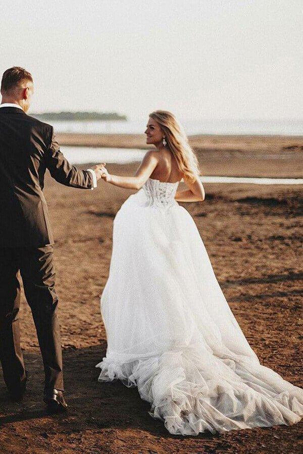 NumberSea - NumberSea Boho Lace Bodice Sweetheart Wedding Dresses, Rustic Bridal Gown, MW548