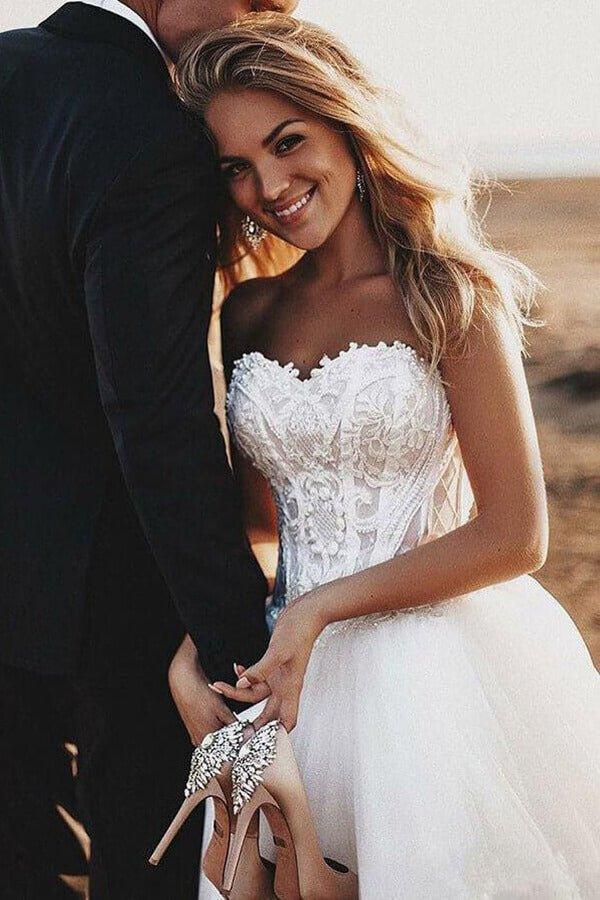 NumberSea - NumberSea Boho Lace Bodice Sweetheart Wedding Dresses, Rustic Bridal Gown, MW548