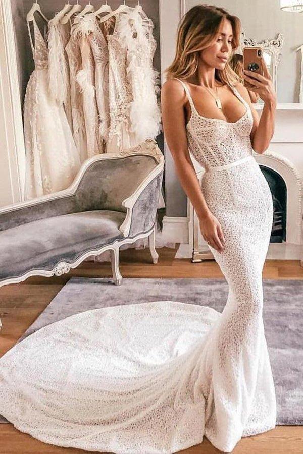 NumberSea - NumberSea Boho Mermaid Scoop Neck Open Back Ivory Lace Wedding Dresses with Train, Vintage Wedding Dresses,MW382