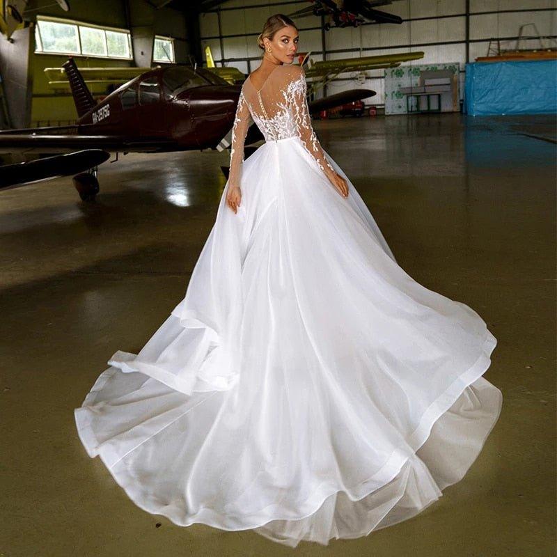 NumberSea - NumberSea Boho O Neck Long Sleeve Organza A Line Wedding Dress 2025 Lace Appliques Beading Bridal Gown