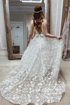 NumberSea - NumberSea Boho Satin A - line V - neck 3D Flowers Wedding Dresses With High Slit, MW961