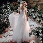 NumberSea - NumberSea Boho Wedding Dress V Neck A Line Boho Bridal Gown 3D Flower