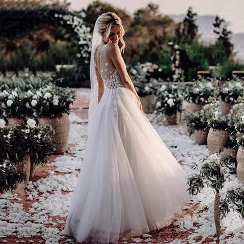 NumberSea - NumberSea Boho Wedding Dress V Neck A Line Boho Bridal Gown 3D Flower