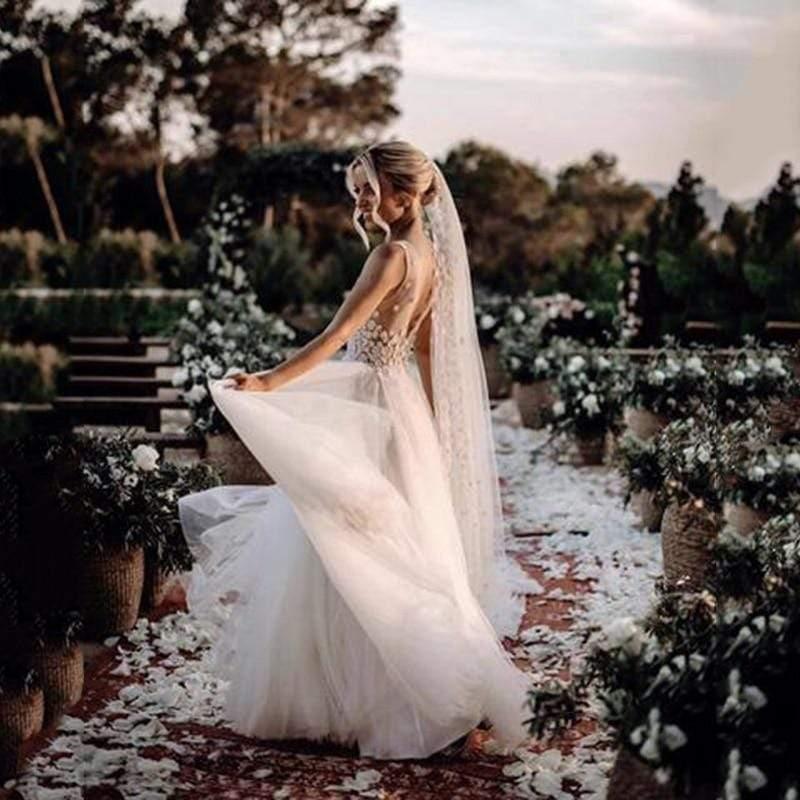 NumberSea - NumberSea Boho Wedding Dress V Neck A Line Boho Bridal Gown 3D Flower