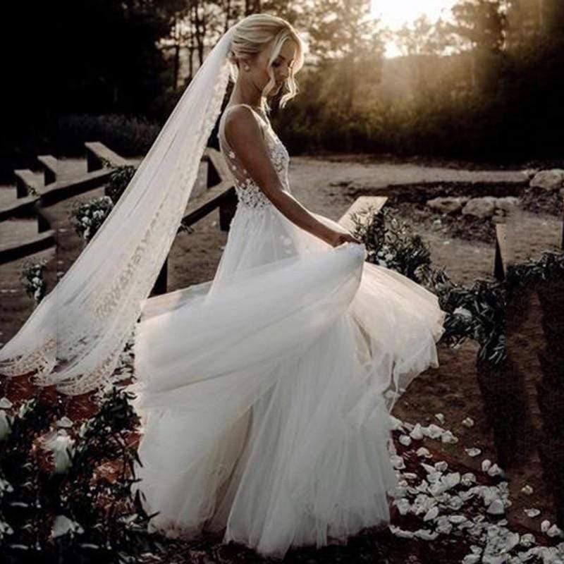 NumberSea - NumberSea Boho Wedding Dress V Neck A Line Boho Bridal Gown 3D Flower