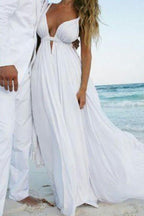 NumberSea - NumberSea Charming White Chiffon Simple Sleeveless Open Back Beach Wedding Dresses, MW227