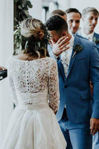 NumberSea - NumberSea Cheap 3/4 Sleeve Lace Ivory Chiffon Rustic Two Piece Wedding Dress,MW273