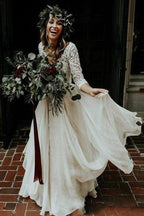 NumberSea - NumberSea Cheap 3/4 Sleeve Lace Ivory Chiffon Rustic Two Piece Wedding Dress,MW273