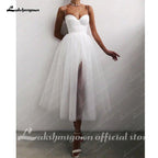 NumberSea - NumberSea Cheap A Line Short Wedding Dress 2021 Spaghetti Straps Simple Bride Dresses Tea Length Weddin Party Gowns