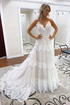 NumberSea - NumberSea Cheap A - line Spaghetti Straps Lace Bridal Gonws Rustic Wedding Dress,MW501