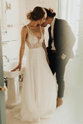 NumberSea - NumberSea Cheap Tulle A - line V - neck Backless Sweep Train Wedding Dress with Pearls,MW429