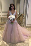 NumberSea - NumberSea Cheap Tulle V Neck Wedding Dress With Lace Flowers, Nice Bridal Gowns, MW125