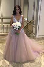 NumberSea - NumberSea Cheap Tulle V Neck Wedding Dress With Lace Flowers, Nice Bridal Gowns, MW125