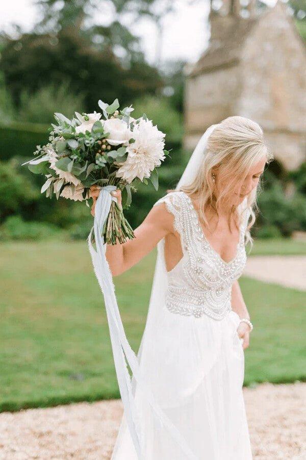 NumberSea Chiffon A-Line Beaded Open Back Wedding Dresses, Beach Bridal Gowns, MW829, Custom Size / As Picture