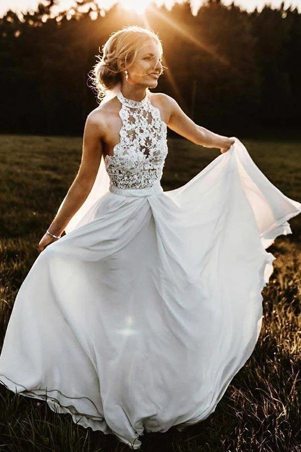 NumberSea - NumberSea Chiffon A - Line Halter Sleeveless Long Beach Wedding Dress with Lace,MW336