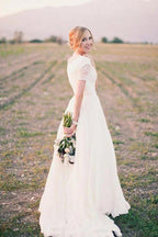 NumberSea - NumberSea Chiffon A - line Short Sleeves Boho Wedding Dresses, Lace Wedding Gown, MW838