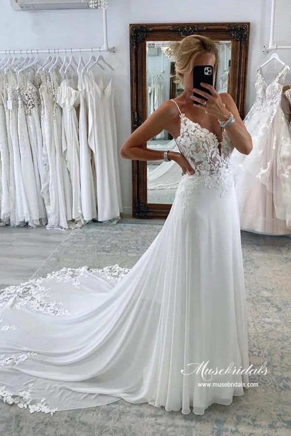 NumberSea - NumberSea Chiffon A - line Spaghetti Straps Lace Appliques Court Train Wedding Dress, MW893