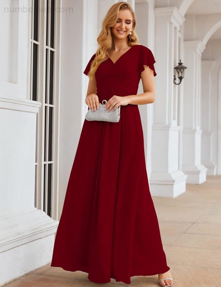 NumberSea-Numbersea Chiffon Bridesmaid Dress Cap Sleeves Maxi Prom Gowns Party Wedding Mother of The Bride Dresses for Women SEA28047
