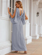 NumberSea - Numbersea Chiffon Bridesmaid Dresses with Split for Women Wedding Long Party Prom Gown Flutter Sleeve SEA28045