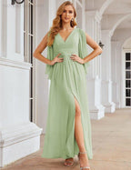 NumberSea - Numbersea Chiffon Bridesmaid Dresses with Split for Women Wedding Long Party Prom Gown Flutter Sleeve SEA28045