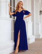 NumberSea - Numbersea Chiffon Cold Shoulder Long Bridesmaid Dresses Plus Size Formal Prom Gowns for Women Party Wedding SEA28070