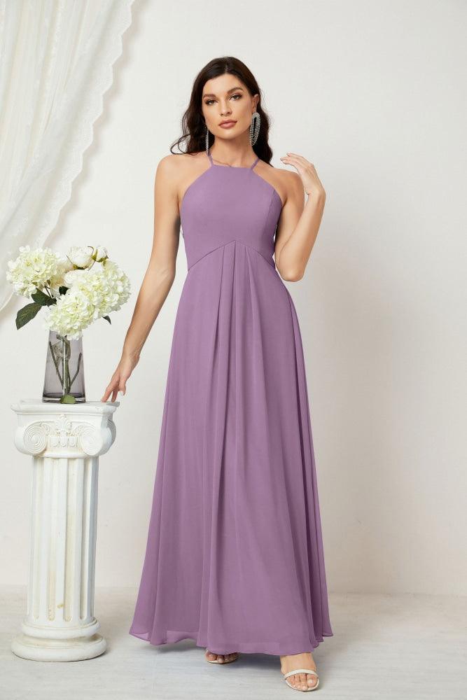 Numbersea Chiffon Halter Bridesmaid Dresses Long A-Line Formal Evening Dress 2805-numbersea