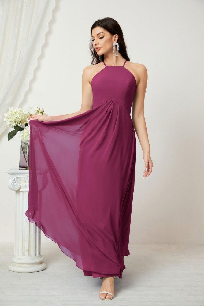 Numbersea Chiffon Halter Bridesmaid Dresses Long A-Line Formal Evening Dress 2805-numbersea
