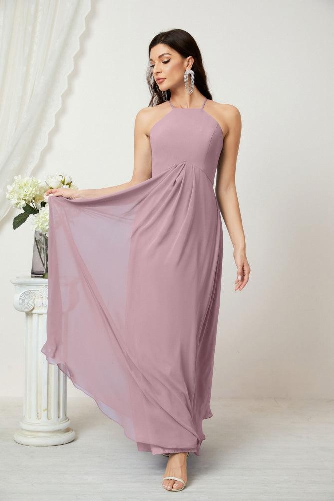 Numbersea Chiffon Halter Bridesmaid Dresses Long A-Line Formal Evening Dress 2805-numbersea