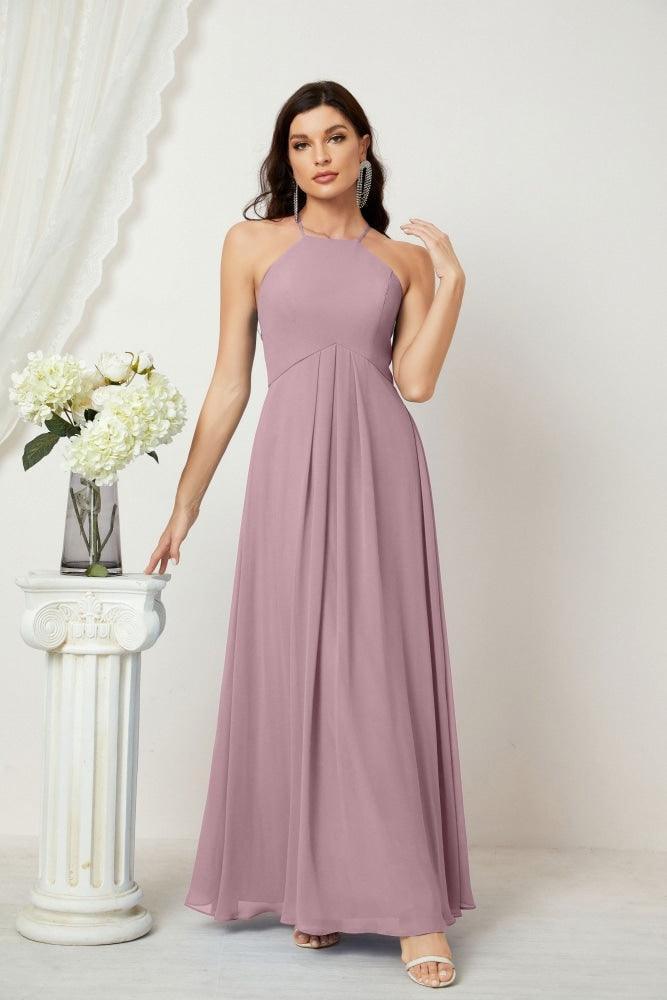 Numbersea Chiffon Halter Bridesmaid Dresses Long A-Line Formal Evening Dress 2805-numbersea