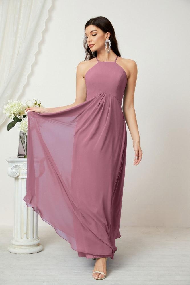 Numbersea Chiffon Halter Bridesmaid Dresses Long A-Line Formal Evening Dress 2805-numbersea