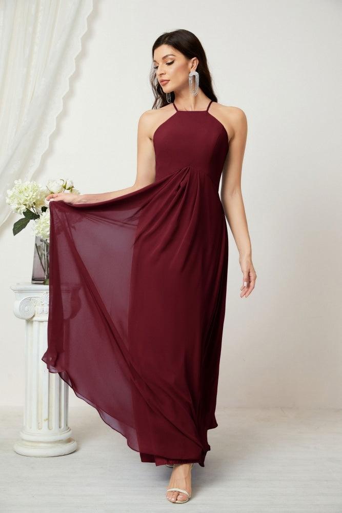 Numbersea Chiffon Halter Bridesmaid Dresses Long A-Line Formal Evening Dress 2805-numbersea