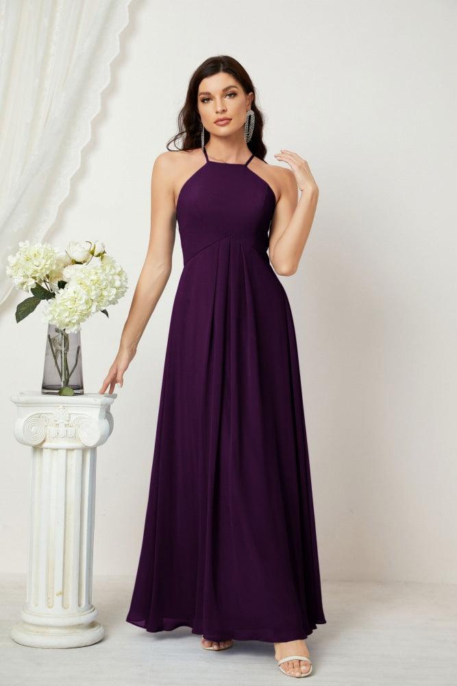Numbersea Chiffon Halter Bridesmaid Dresses Long A-Line Formal Evening Dress 2805-numbersea