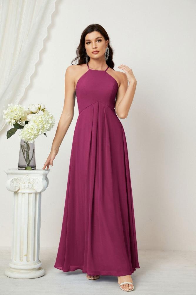 Numbersea Chiffon Halter Bridesmaid Dresses Long A-Line Formal Evening Dress 2805-numbersea