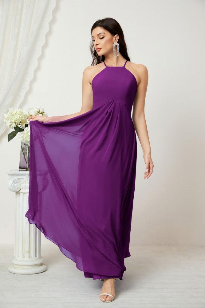 Numbersea Chiffon Halter Bridesmaid Dresses Long A-Line Formal Evening Dress 2805-numbersea