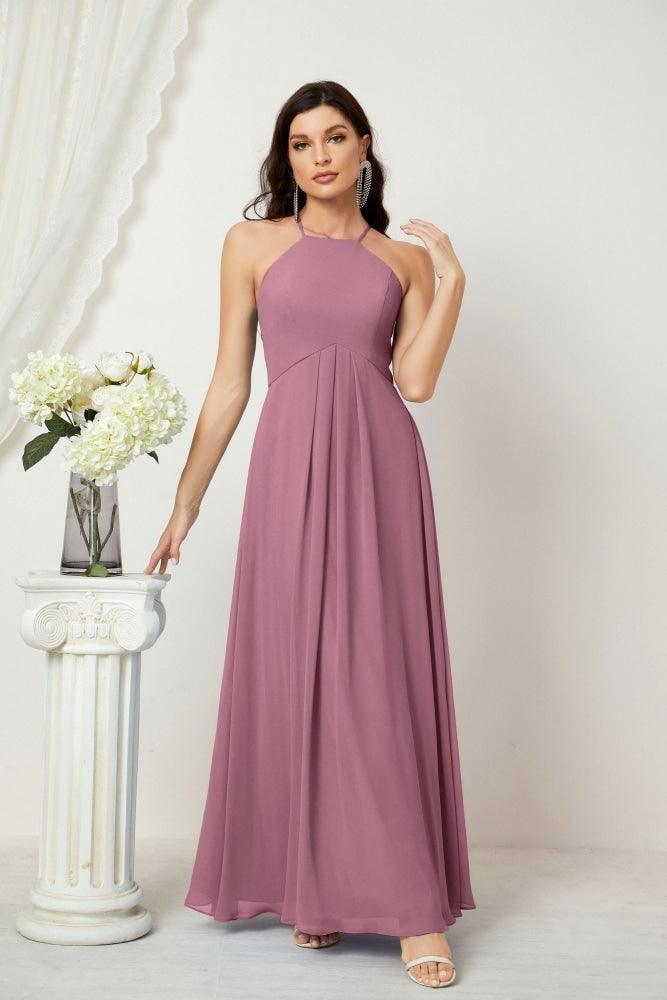 Numbersea Chiffon Halter Bridesmaid Dresses Long A-Line Formal Evening Dress 2805-numbersea