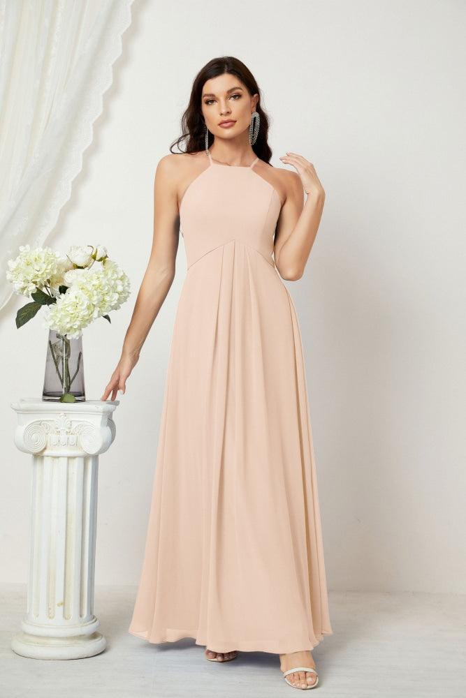 Numbersea Chiffon Halter Bridesmaid Dresses Long A-Line Formal Evening Dress 2805-numbersea