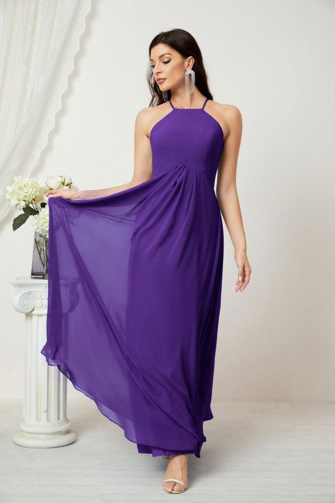 Numbersea Chiffon Halter Bridesmaid Dresses Long A-Line Formal Evening Dress 2805-numbersea
