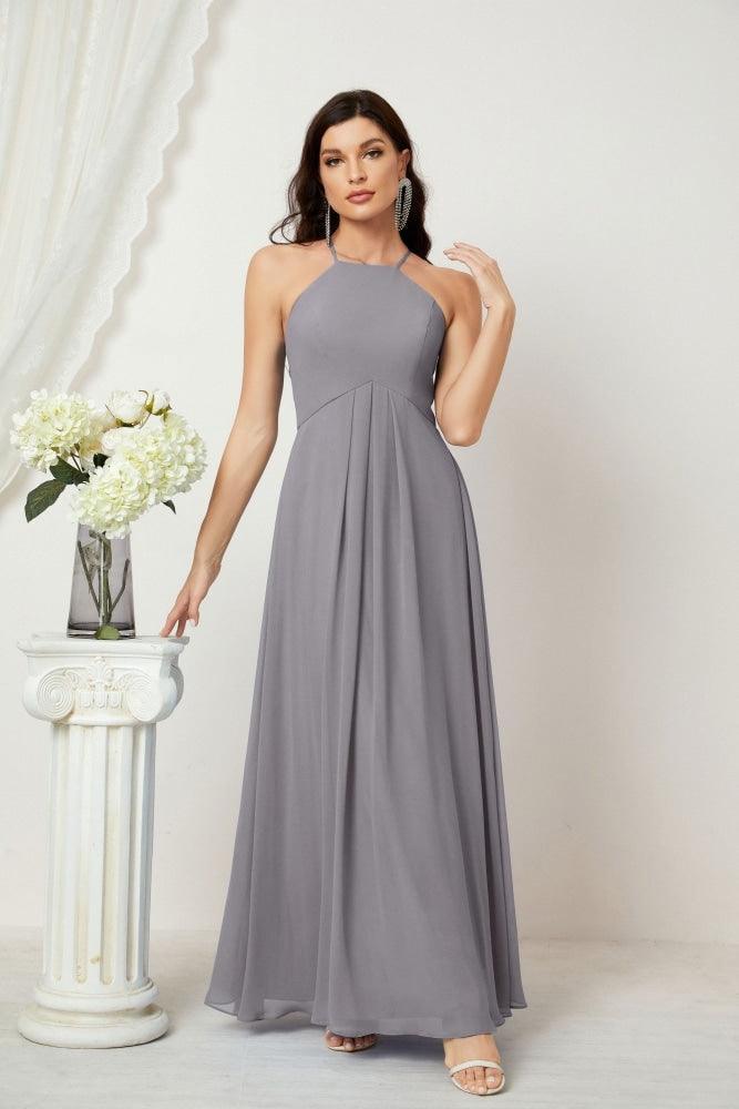 Numbersea Chiffon Halter Bridesmaid Dresses Long A-Line Formal Evening Dress 2805-numbersea